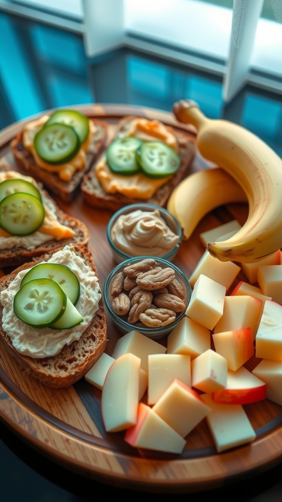 An assortment of quick evening snacks including hummus toast, banana with peanut butter, mixed nuts, and apple with cheese on a wooden platter.